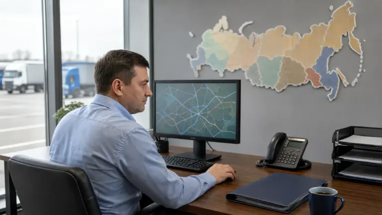 Диспетчер транспортной компании спокойно работает за компьютером, телефон на столе не звонит