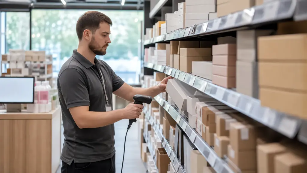 Торговый зал: сотрудник проверяет товар на полке