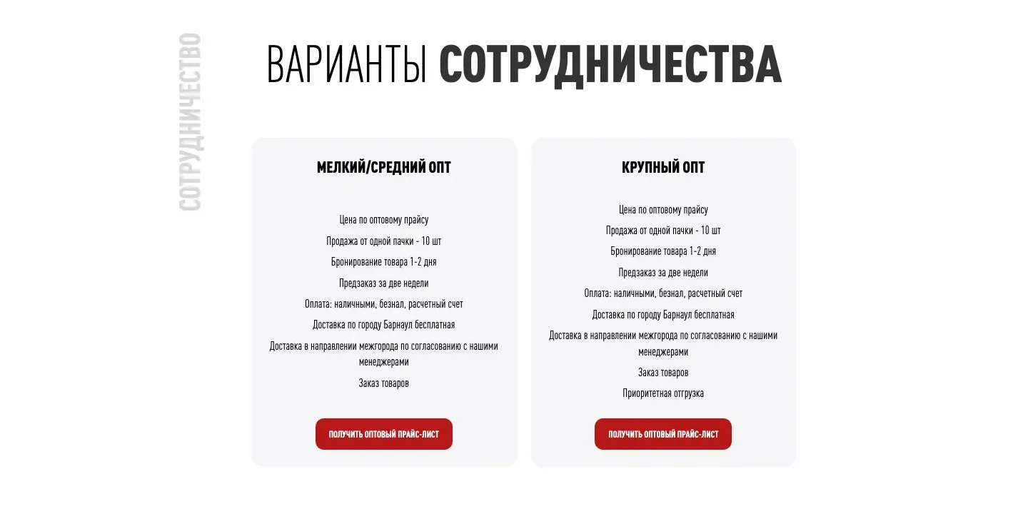 Блок «Варианты сотрудничества» на azaliaopt.ru: мелкий и средний опт, крупный опт