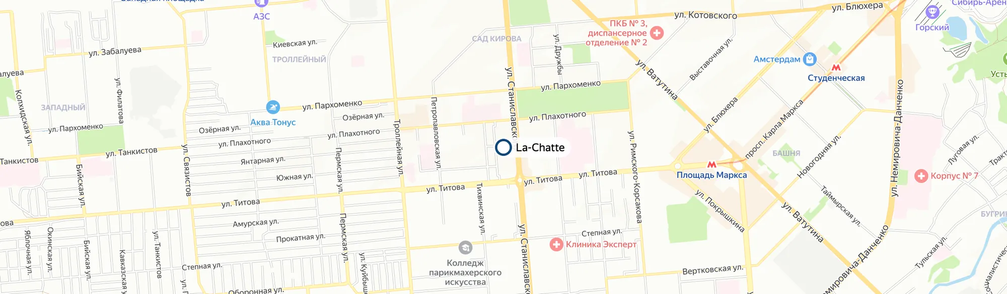 Карта Новосибирска с меткой офиса La Chatte