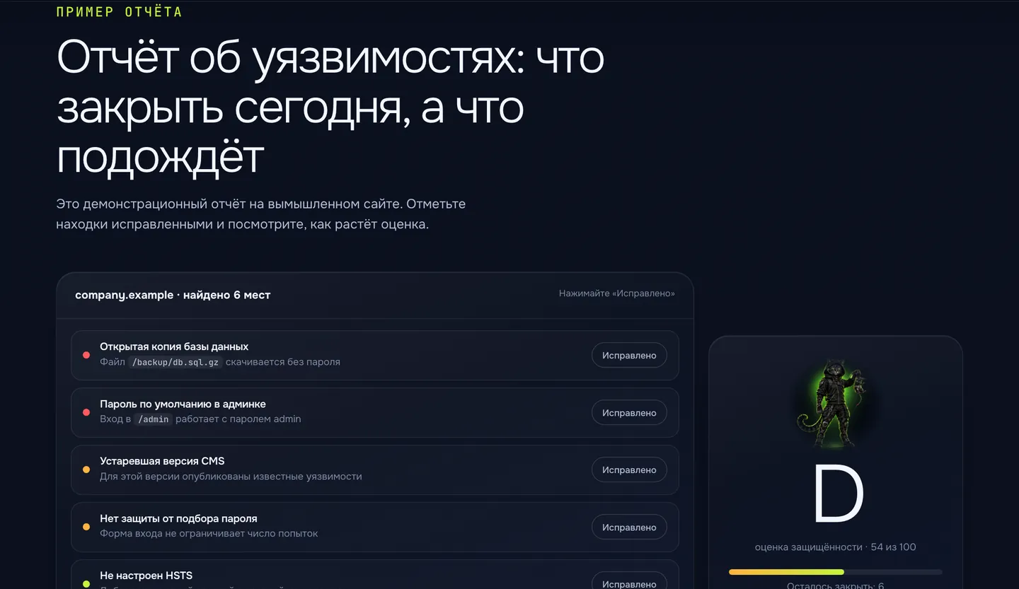 Пример отчёта Мышелова на вымышленном сайте: список находок с цветом срочности и оценка защищённости D, 54 из 100