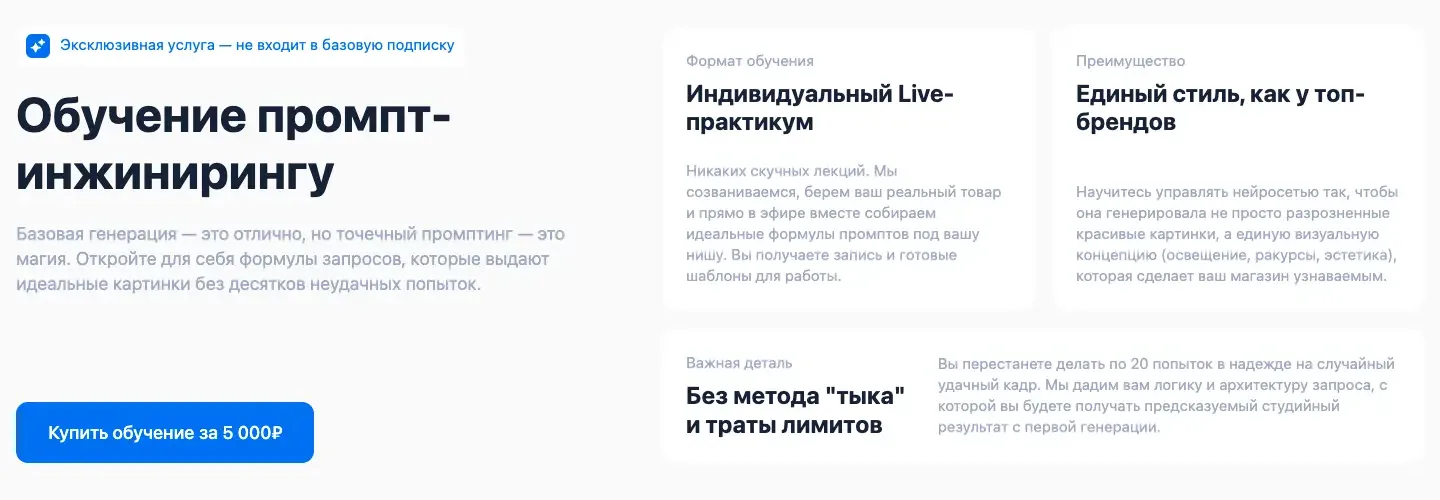 Блок «Обучение промпт-инжинирингу» на лендинге: заголовок, пометка о том, что услуга не входит в подписку, три карточки